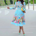 Spring Long Sleeve Floral Printed Chiffon 3XL Pleated Lady Casual Dress
